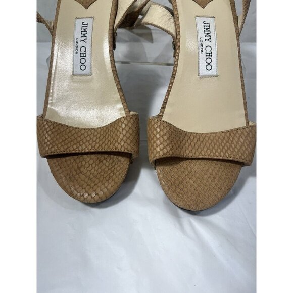Authentic JIMMY CHOO Leather Snake Embossed Tan and Brown Wood heel size 37 - Picture 9 of 15